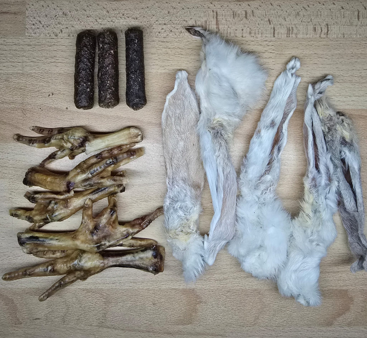 5 Chicken feet, 5 rabbit ears, 3 sausages