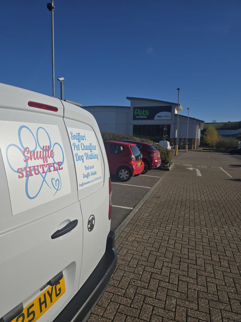 White van with 'Shuttle Shuttle' logo in a parking lot with a vet practice in the background